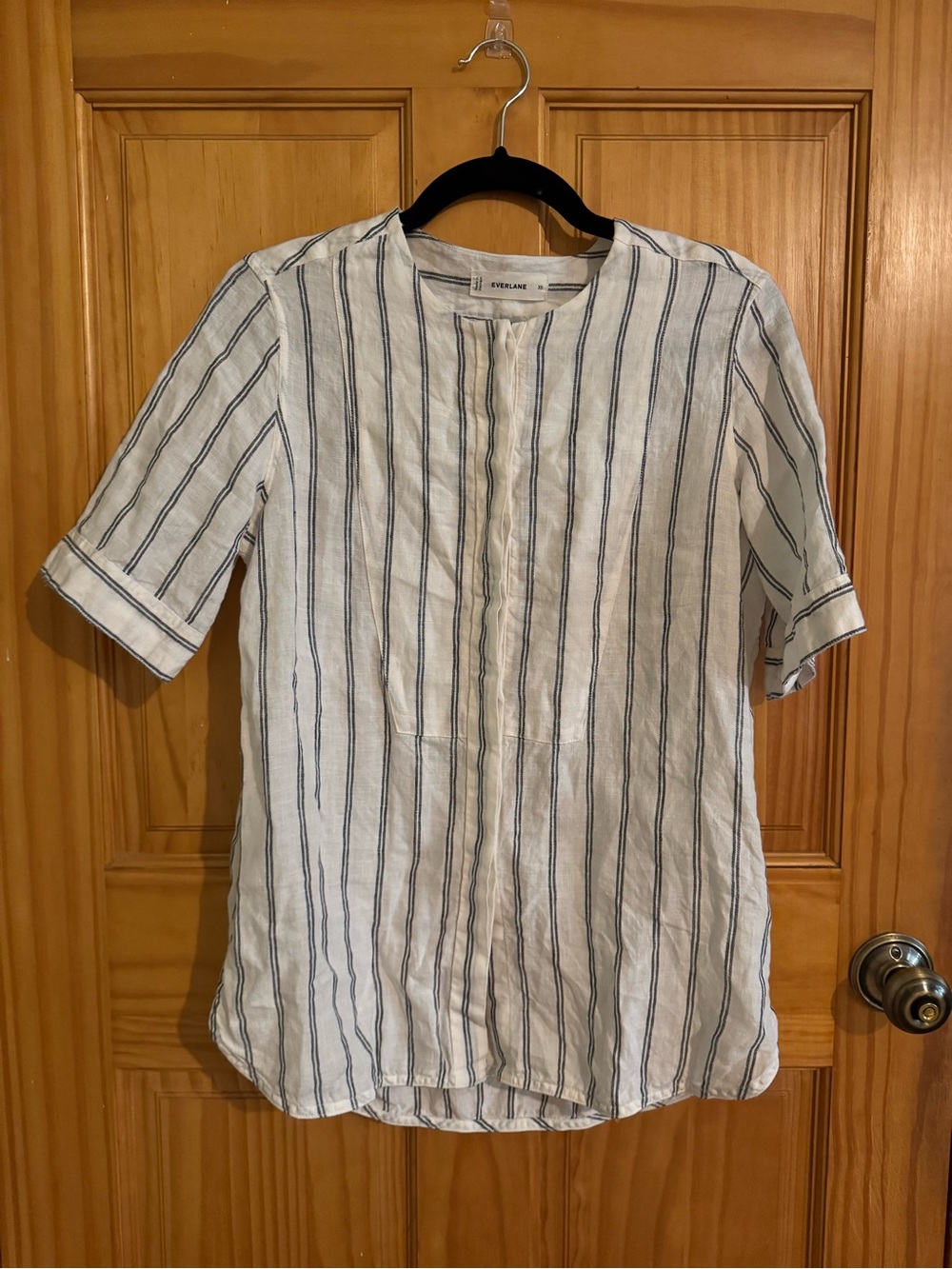 EVERLANE 100% Linen Bib Front Striped Top XS | Navy & White